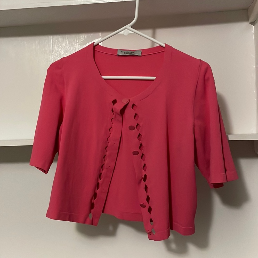 D.Exterior Cropped Rose Short Sleeve lightweight knit jacket with decoratives